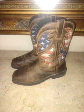 WOLVERINE Rancher Flag Steel Toe Brown Leather Boots with American Flag Inlay